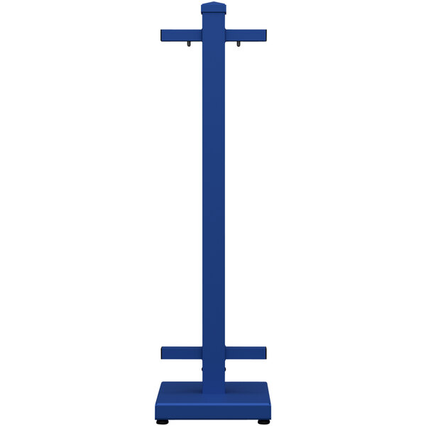 A royal blue metal SelectSpace stand with two legs.