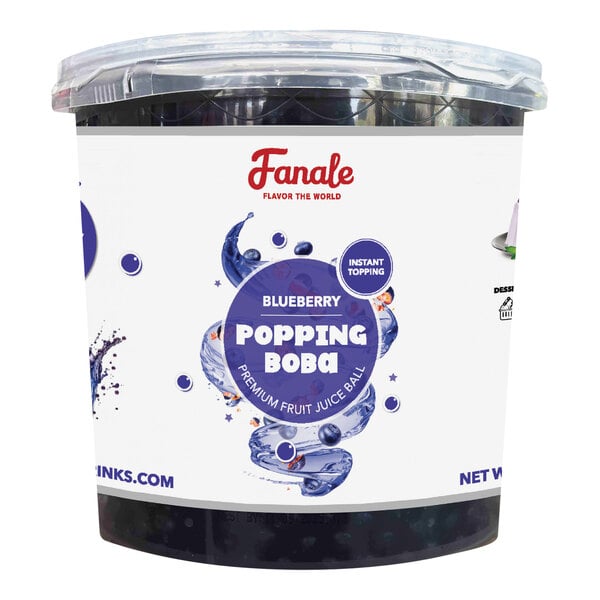 A container of Fanale Blueberry Popping Boba with a label on it.