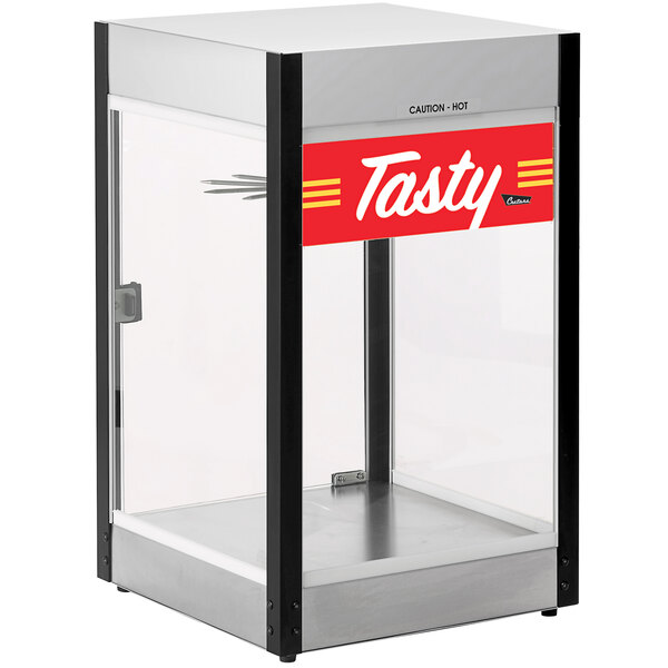 A Cretors glass churro display case with a Tasty decal.