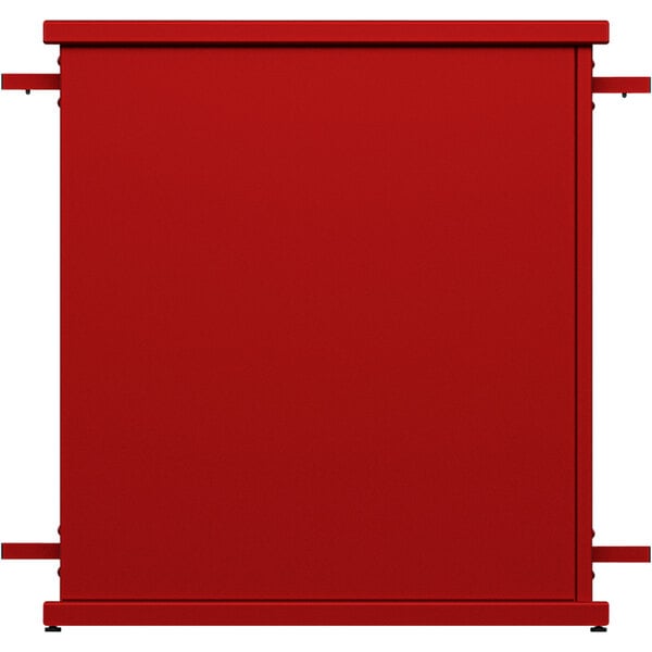 A red metal SelectSpace planter with circle top cut-outs over the metal bars.