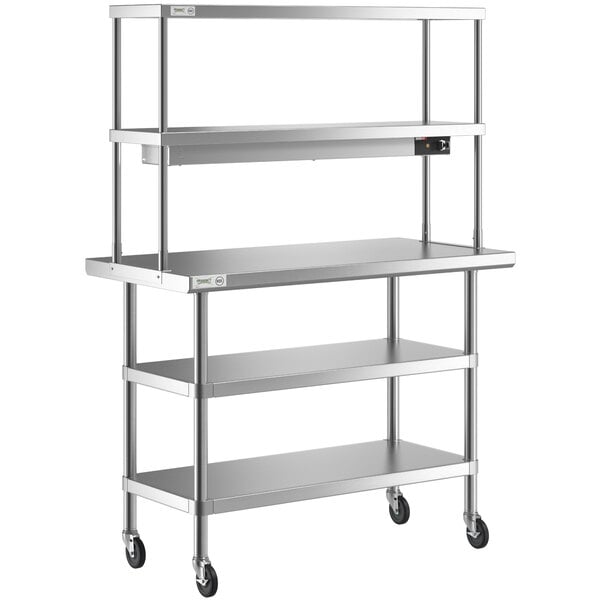 A Regency stainless steel expeditor table with double overshelf and two undershelves.