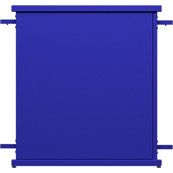 A royal blue rectangular metal planter with circle cut-outs.