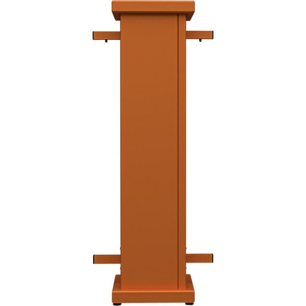 A rectangular burnt orange metal stand with a square top cut-out.