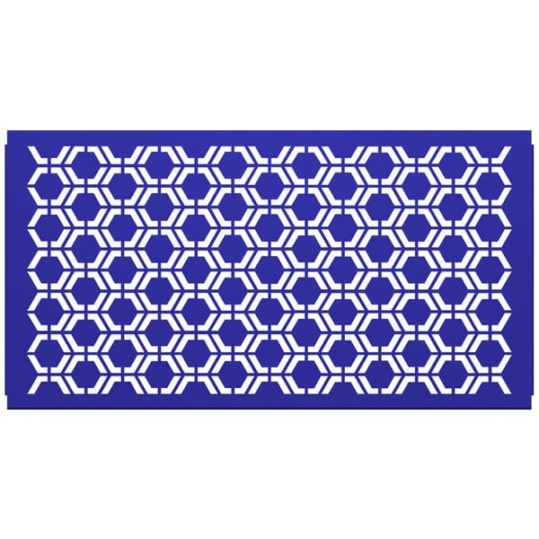 A white hexagonal panel with a blue and white geometric pattern.