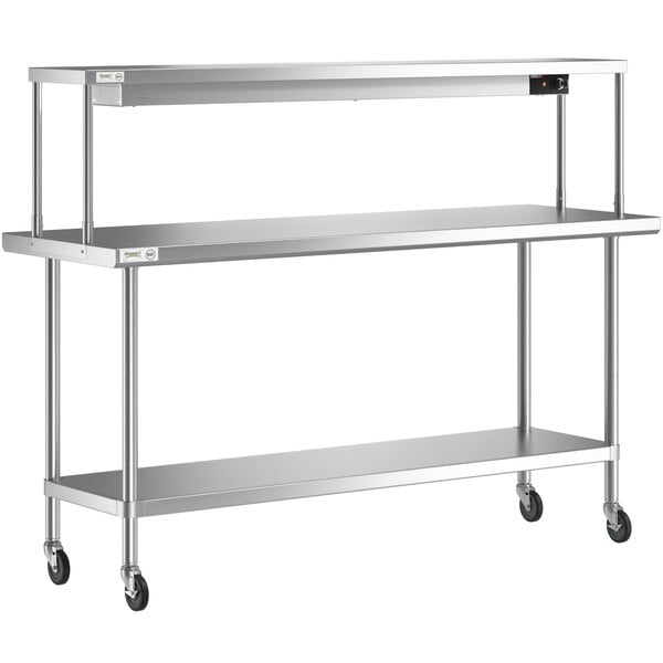 A silver metal Regency work table with a single overshelf and undershelf.