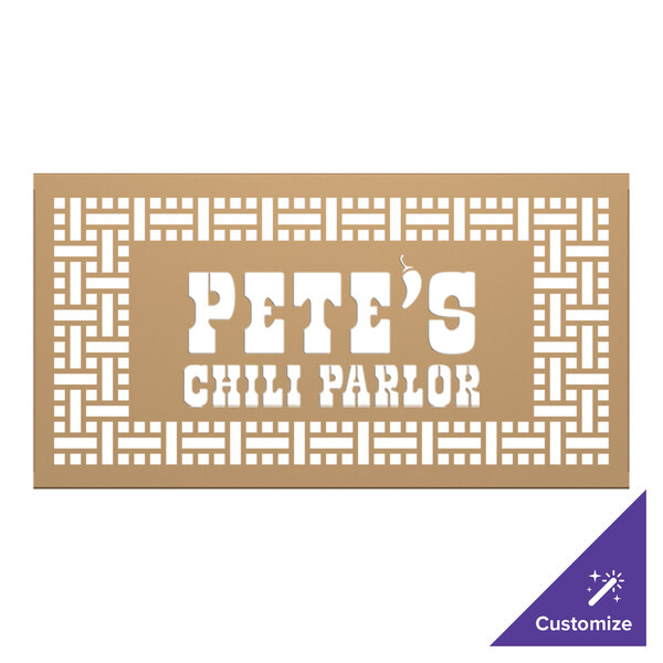 A brown SelectSpace partition panel with white text that says "Pete's Chili" in a white square weave pattern.