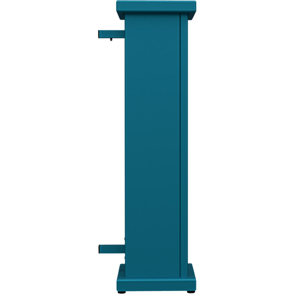 A teal metal pedestal end planter with a square top cut-out.