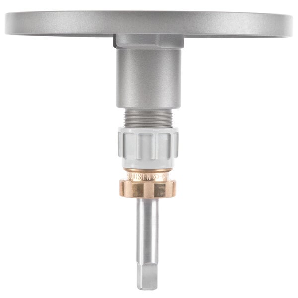 A silver metal Hobart #12 adjustable slicing plate with a gold metal screw.