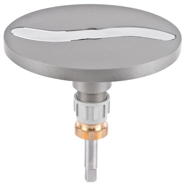 a grey circular object with a white strip