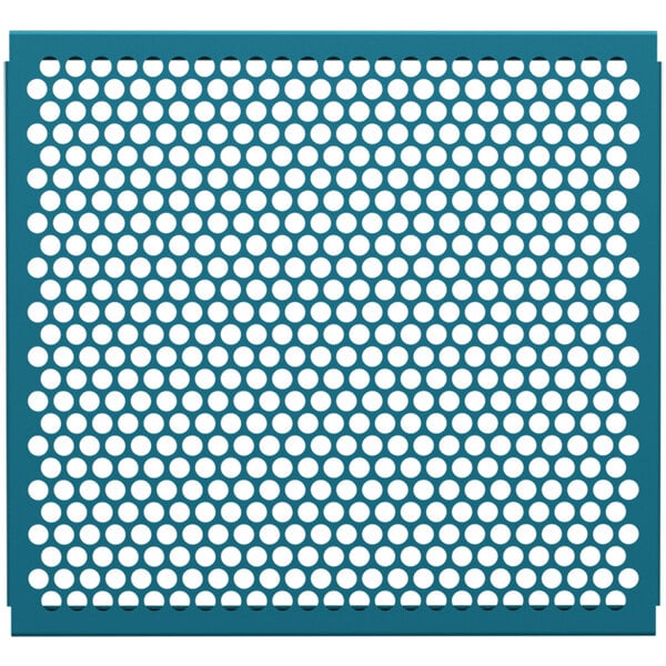 A teal perforated metal panel with circle patterns.