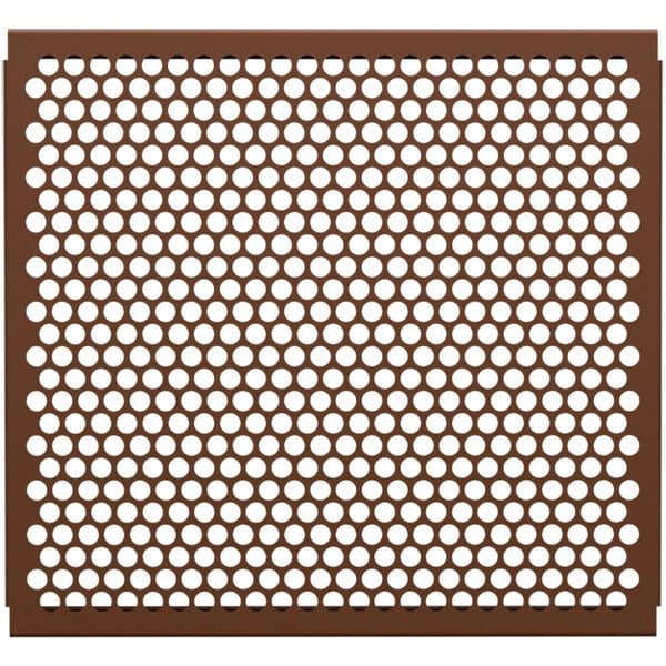 A brown metal grid with white circles.