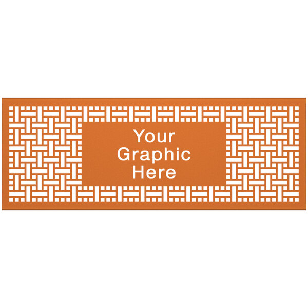 A SelectSpace burnt orange square weave partition panel with white rectangular sign with the words "your graphic here"