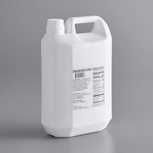 A white plastic jug of Fanale Dragon Fruit Concentrated Syrup with a label.