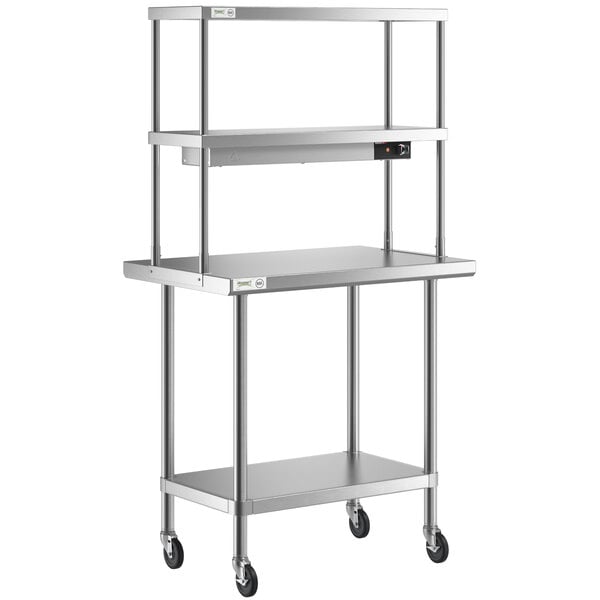 A stainless steel Regency work table with shelves on wheels.