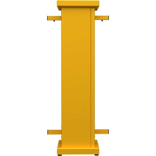 A bright yellow metal stand for a rectangular planter with a square top cut-out.