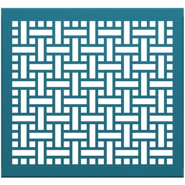 A teal square partition panel with a white geometric pattern.
