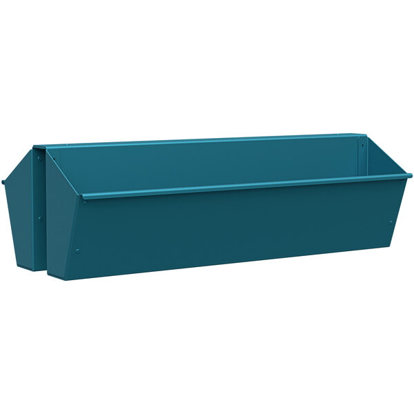 A teal plastic hanging planter with two handles.