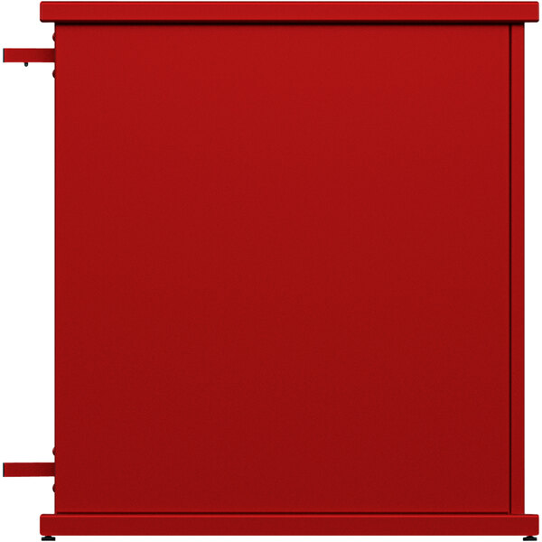 A red rectangular metal SelectSpace end planter with circle top cut-outs.