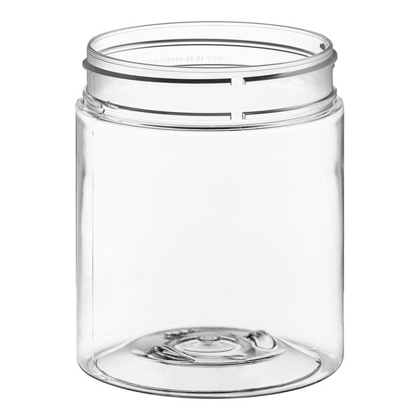 A clear plastic jar with a silver lid.