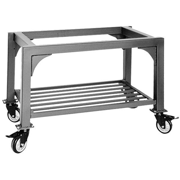 A metal stand with wheels for a medium wood fired pizza oven.