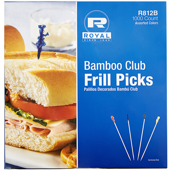 A Royal Paper box of 4" bamboo frilled club food picks in assorted colors.