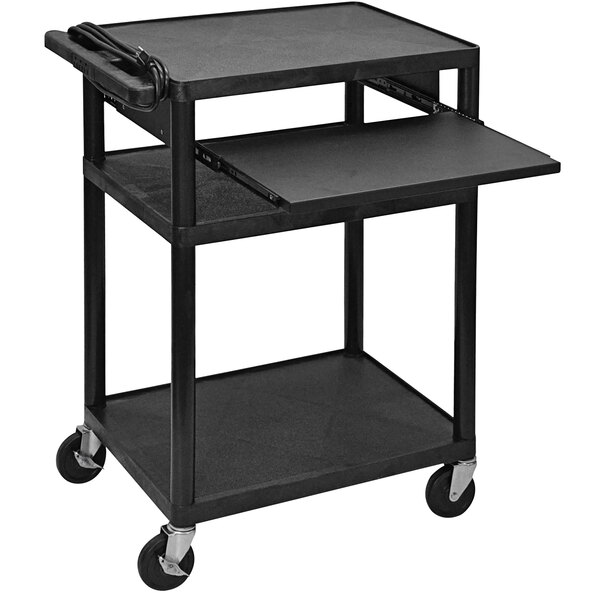 A black Luxor three shelf A/V cart with wheels.