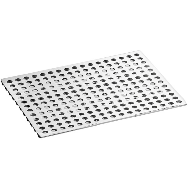 A silver stainless steel tray with perforations.