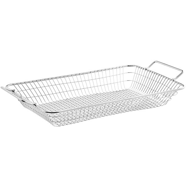 A chrome wire roasting and grill basket with handles.