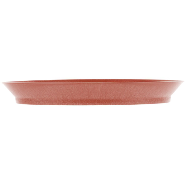 A red oval deli server with a white border on a white surface.