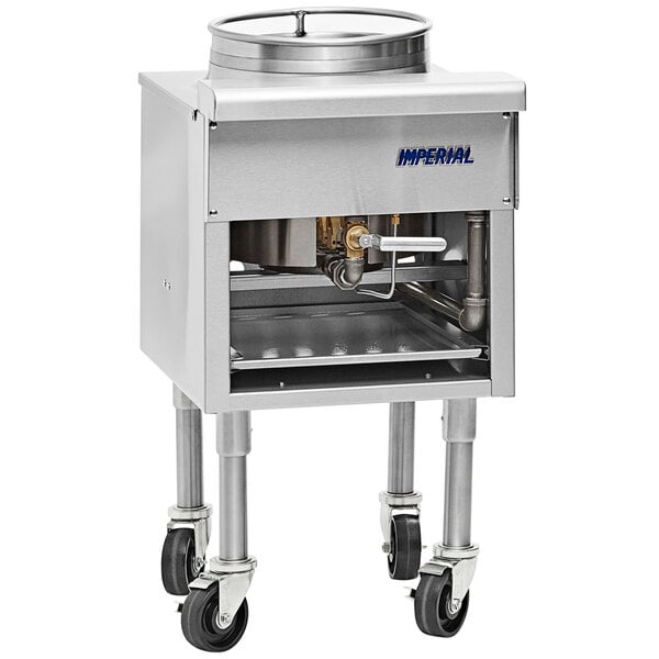 An Imperial Mandarin Wok Range with wheels on a white background.