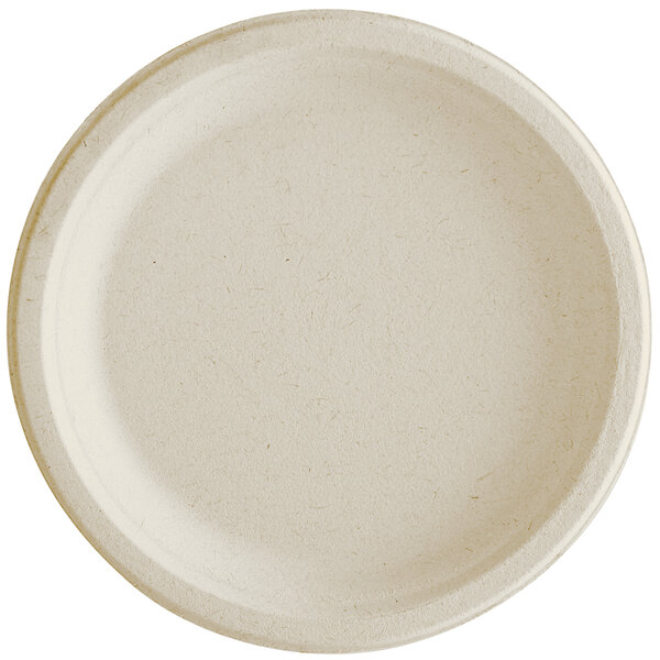 A 9" round white Tellus bagasse plate with a plain edge on a white background.