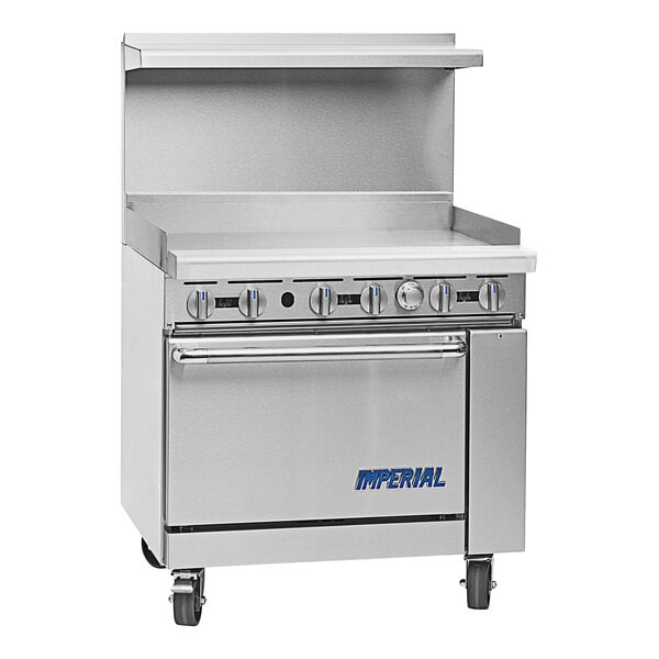 A stainless steel Imperial Range gas griddle range with convection oven.