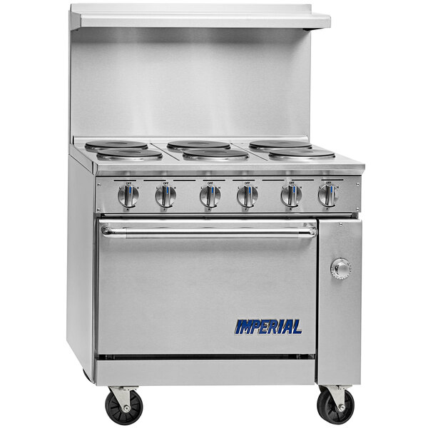 A large stainless steel Imperial Range electric range with 6 round plates.