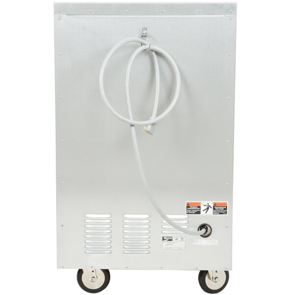 A silver metal half-size holding cabinet with a clear door on a metal surface.