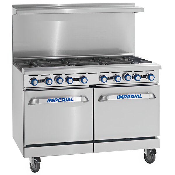 A large stainless steel Imperial Range gas range with 4 burners, a griddle, and 2 ovens.