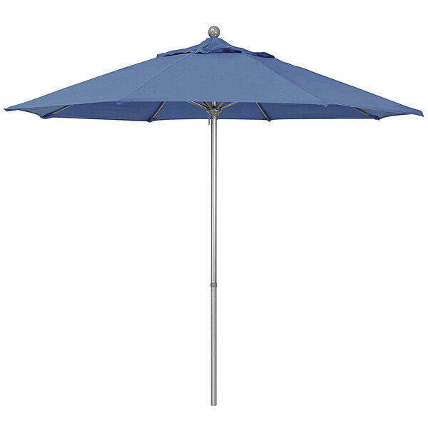 A blue California Umbrella on a gray metal pole.