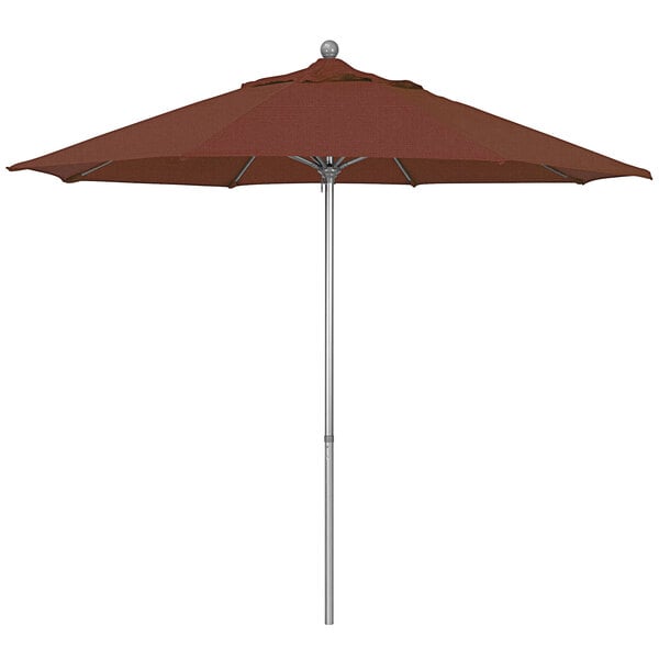 A brown California Umbrella with a gray metal pole and terracotta fabric.