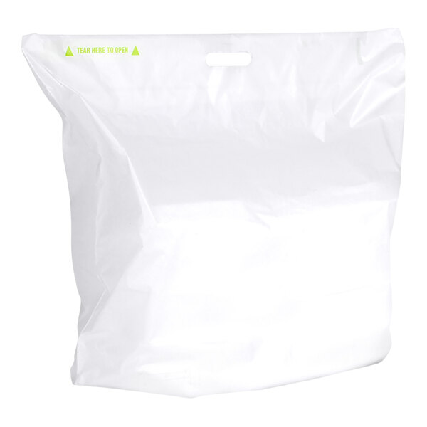 A large white plastic bag with a handle cutout and a 'tear here to open' instruction near the top.