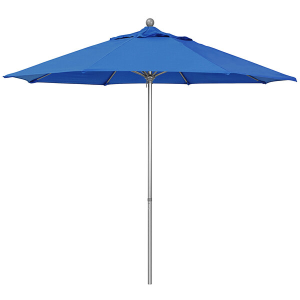 A blue umbrella with a metal pole.