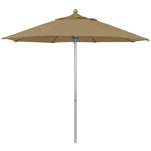A straw fabric California Umbrella with a gray pole on a white background.