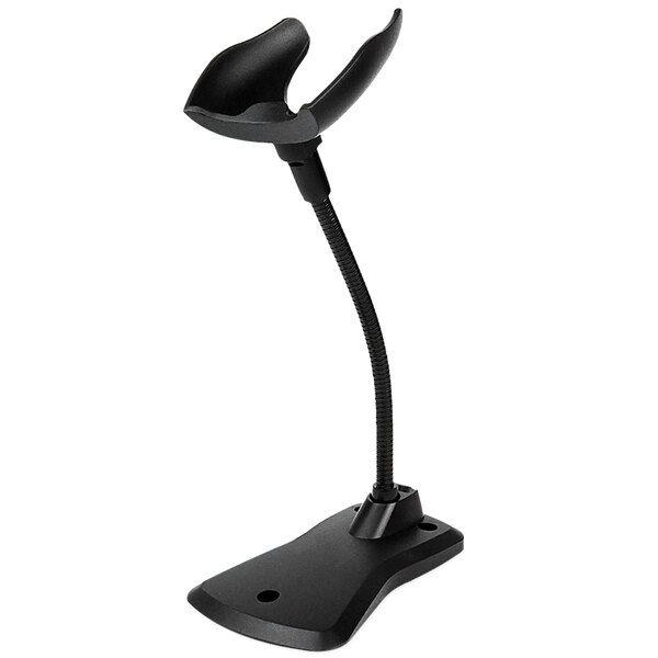 A black stand for a POS-X barcode scanner.