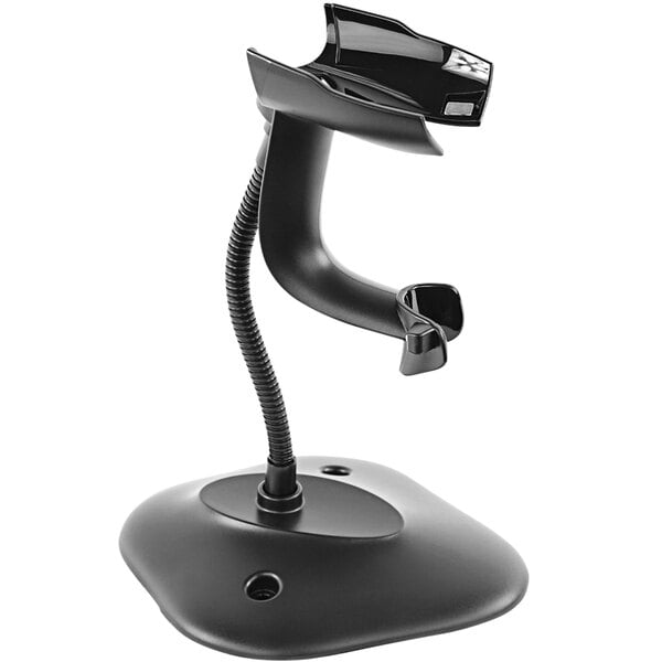 A black Zebra gooseneck scanner stand with a flexible arm.