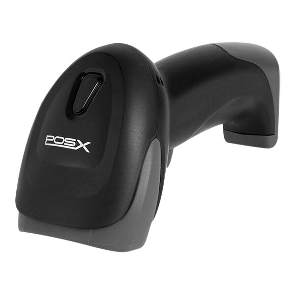 A black barcode scanner, with a charging cradle, and USB cable on a white background.
