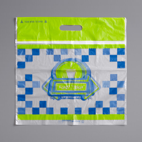 A green plastic bag with a Fast Take logo on it.