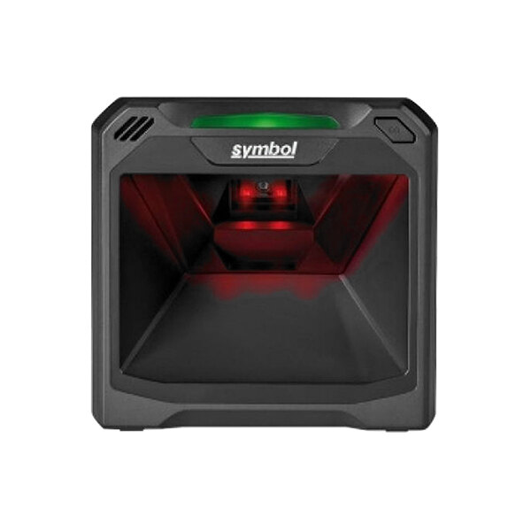 A black square Zebra barcode scanner with a green light.