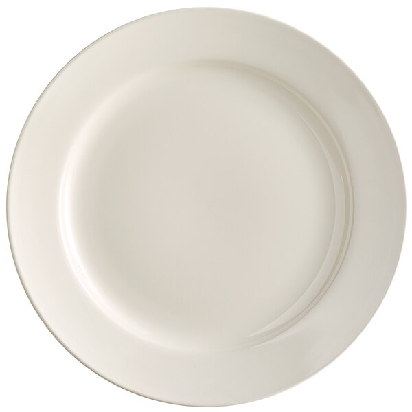 An Acopa ivory stoneware plate with a wide white border.