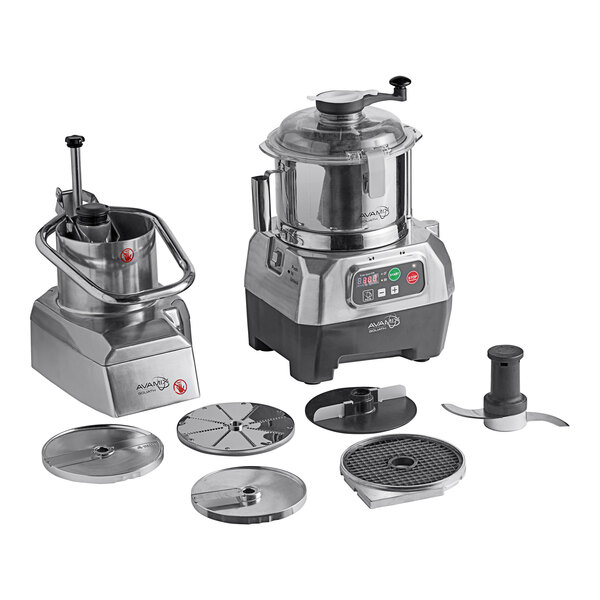 AvaMix Goliath food processor with stainless steel bowl, continuous feed, and 4 discs on a white background.