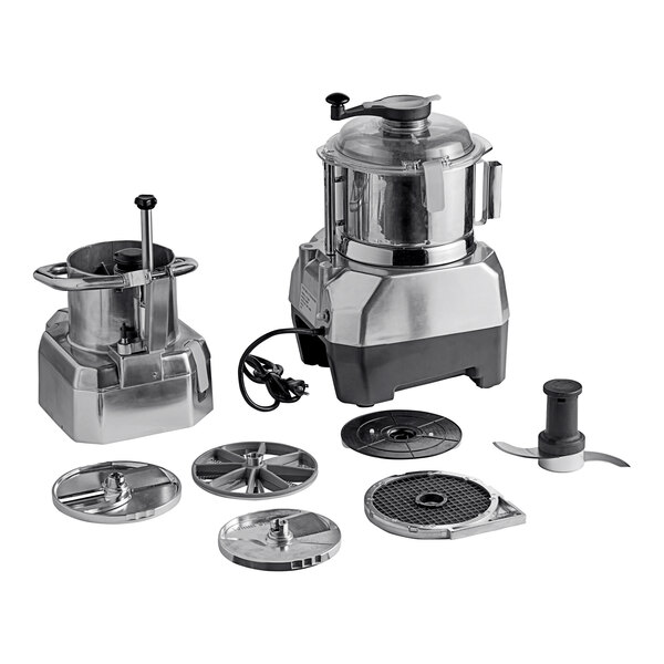 A silver and black AvaMix food processor with a round stainless steel disc in the middle.