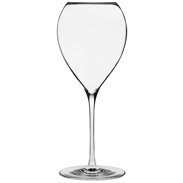 An Anchor Hocking Saporus white wine glass with a clear stem and bottom.