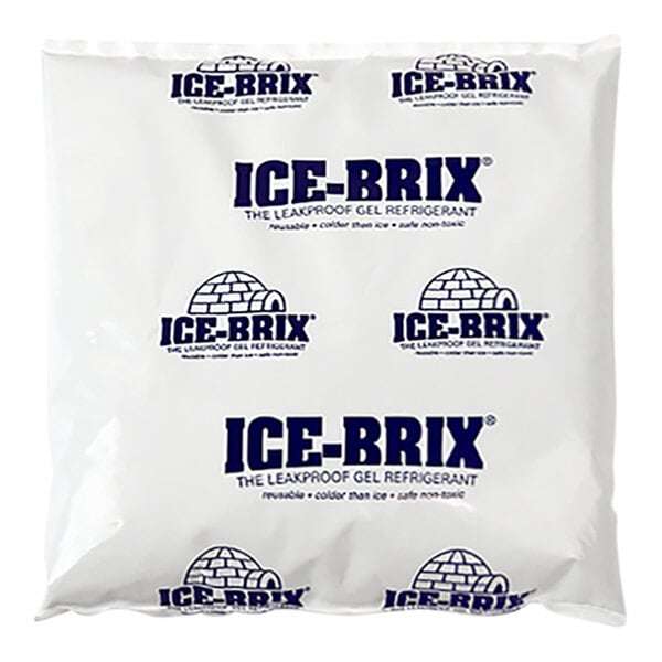 A white, leakproof reusable cold pack labeled 'ICE-BRIX' used for refrigeration and shipping.